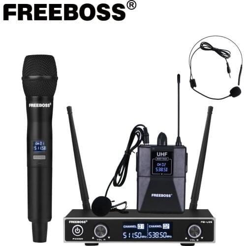 FB-U35H Dual Way UHF Fixed Frequency Wireless Microphone System with Handheld + Lapel + Headset for Karaoke Microphone