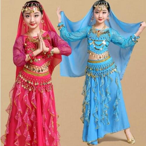 Belly Dance Costume for Children Sequin Bollywood Dancing Stage Performance Indian Show Clothes Kids Women Oriental Dance Wear