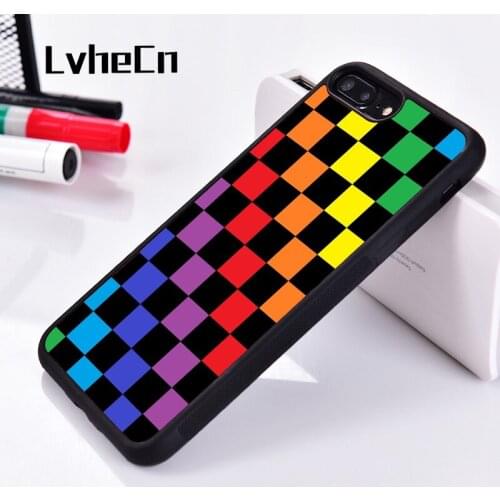 LvheCn 5 5S SE 6 6S Soft TPU Silicone Rubber phone case cover for iPhone 7 8 plus X Xs 11 Pro Max XR Checkered Rainbow Black