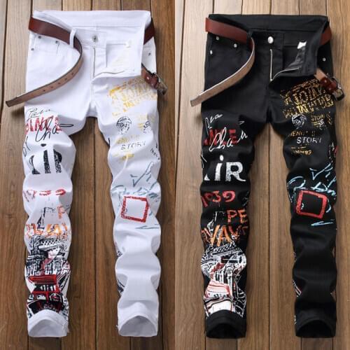 Fashion Streetwear Men Jeans Slim Fit Elastic Stretch Hip Hop Pants Printed Designer Jeans Men Night Club Pun Style Pencil Pants
