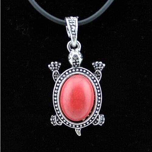 Fashion Tibetan Silver Red Stone Tribal Cute Turtle Pendants Necklace Lucky Gift MN444