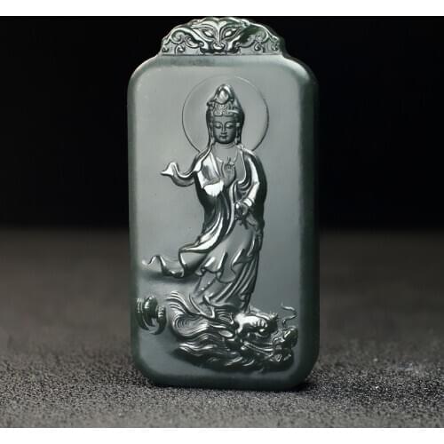 Natural A hetian jade carving guan yin black green jade jade pendant unique design jadeite jade necklace men jewelry