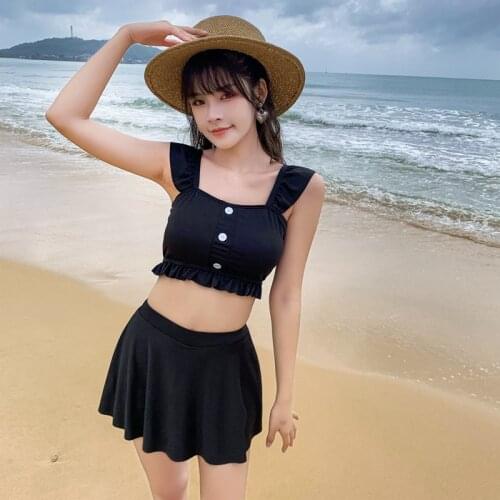 2021 New Korean Bikini Women Solid Swimwear High Waist Tankini Swimsuit High Neck Biquini Push Up Bathing Suit Pad