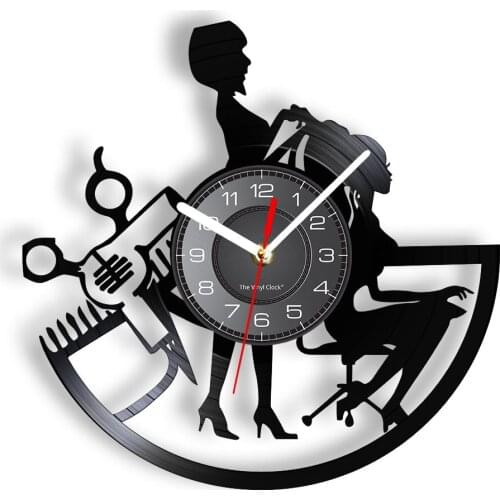 Hairdresser Scissor Hairdressing Professional Equipment Wall Clock Female Hair Salon Carved Vinyl Record Art Crafts Wall Clock