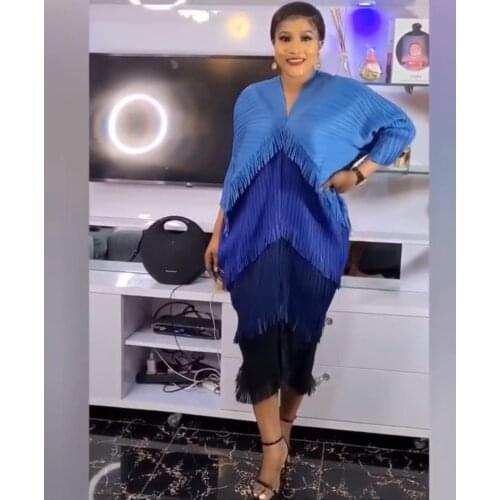 Pleated New Womens Color Tassel Bat Sleeve Loose Casual Style V-Neck Long Vestidos Is Available For Fall 2021 Fashion