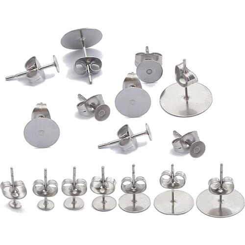 100Pcs Stainless Steel Blank Earring Stud Base Fit 3-12mm Cabochon Cameo Settings DIY Jewelry Making Accessories Ear Supplies