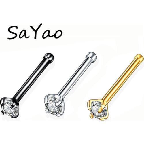 SaYao 2Piece 20Gx6x2mm Gold Round Zircon Nose Ring Stud Rings Silver Piercing Tragus Ear Piercing Earring Nose Nail Body Jewelry