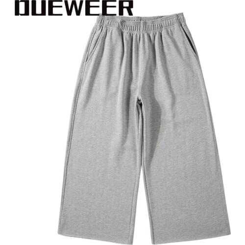 Dueweer Harajuk Grey Wide Leg Cropped Pants Harajuku Oversized Ankle-length Pants Wash Distressed Streetwear Men Baggy Trousers