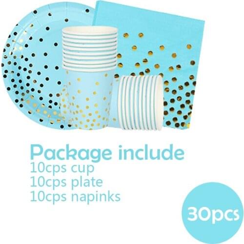 Blue Paper Plate Gold Dot Stamping Boy Birthday Party Cake Plates Baby Shower Supplies 30Pcs Disposable Tableware Suit Treat kid