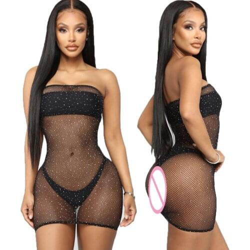 Sexy Chest-Wrapped Rhinestone Lingerie Fishnet See-through Dress Uniform Temptation Hot Erotic Flirting Sex Outfits for Women