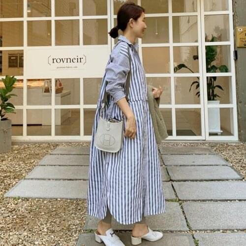 TVVOVVIN Spring New Stripe Long Sleeve Dress Womens Contrast Stitching Loose Large Size Ankle-length Dress 96YD