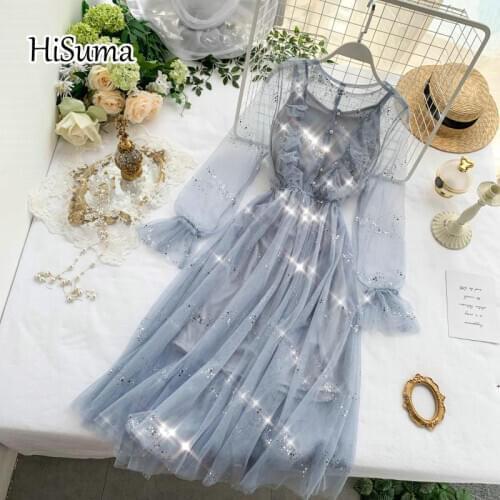 HISUMA 2021 spring new female O-neck sequined flare sleeve ruffles mesh A-line dress women elegant waist bling gauze puff dress