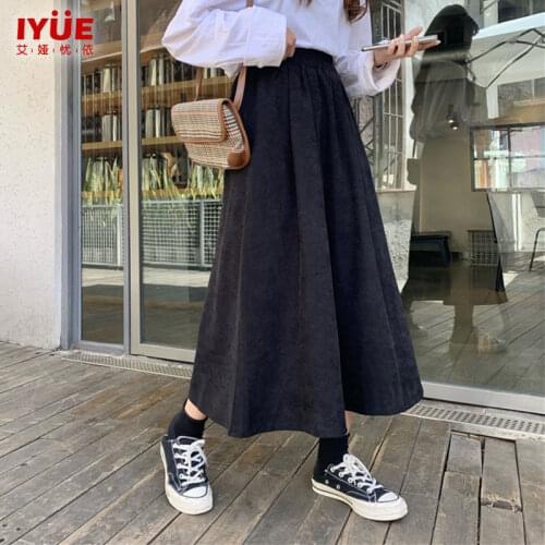 High Waist A-Line Skirt Spring Autumn Winter Cover Crotch Mid-Length Student Sweet College Long Skirts Black Gray