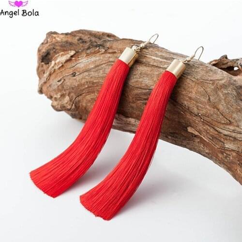 Bohemian Crystal Tassel Earrings Black White Blue Red Pink Silk Fabric Long Drop Dangle Tassel Earrings for Women Jewelry