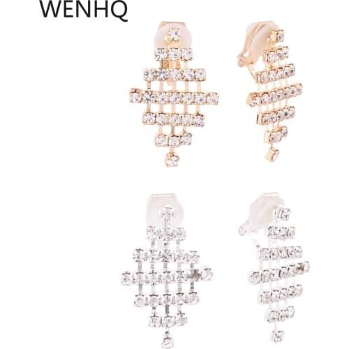 WENHQ New Geometric Square Clip on Earrings No Pierced for Women Bridal Wedding Gold Color Silver Plated Rhinestone Ear Clip