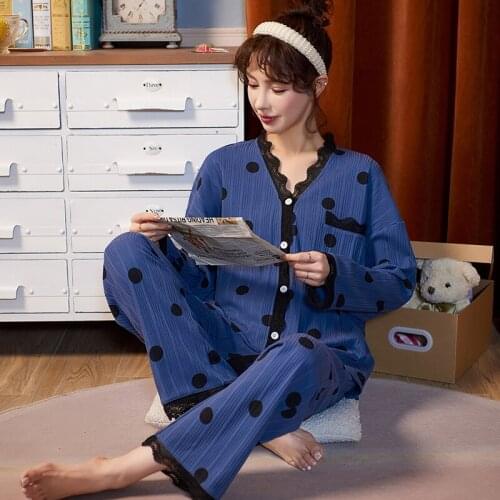 Womens Pajamas Set Autumn V-neck Lace Buttons Elastic Waist Sleepwear Set Cotton Womens Long Sleeve Nightwear Print Top Long