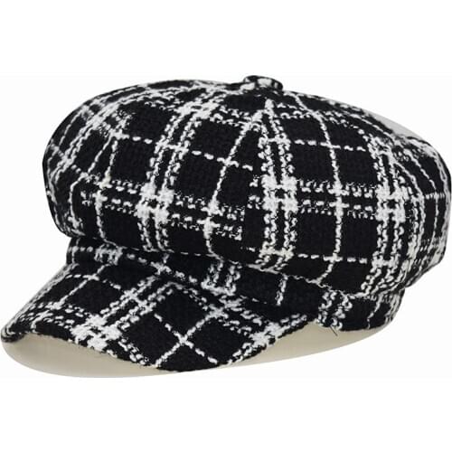 Women Cute Casual Octagonal Hat Female Small Plaid Beret British Retro Painter Wool Hat