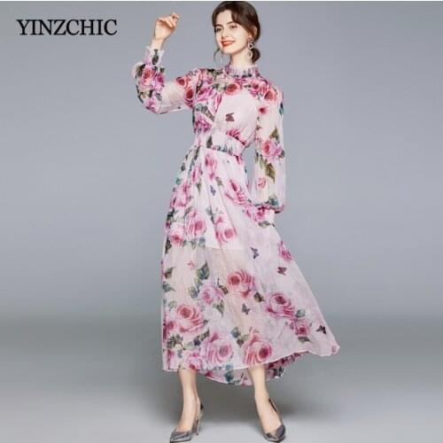 Chiffon Dress Woman Fall Long Sleeve Thin Long Dress Slim A-line Party Skrits Floral Print Elegant Dress Female Casual Boho