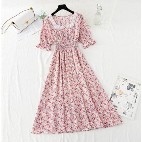 2021 Women Vintage Floral Print Summer Dress Short Sleeve Square Neck Bohemian Beach Dress Elegant Slim Chiffon Long Dresses