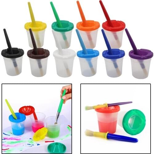 10 Sets Spill Proof Paint Cups And Brushes for Kids Painting Drawing