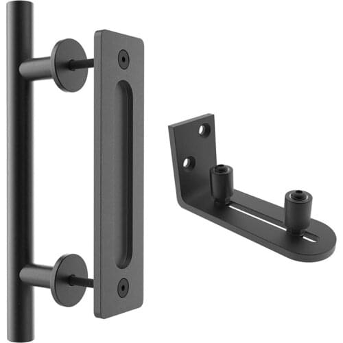 12 inch Sliding Barn Door Handle Pull and Flush Hardware Set with Barn Door Floor Guide, Rustic Black (1 Set)