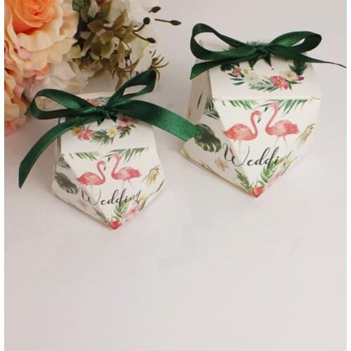 50pcs Candy box green Flamingo Mori wedding candy box with a ribbon box