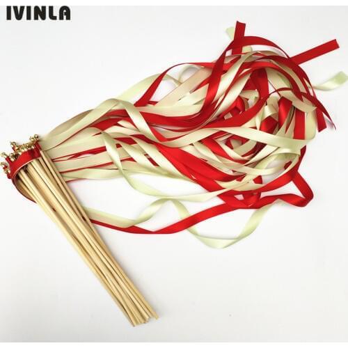 50pcs/lot cream and red wedding ribbon wands With Bells for wedding decoration
