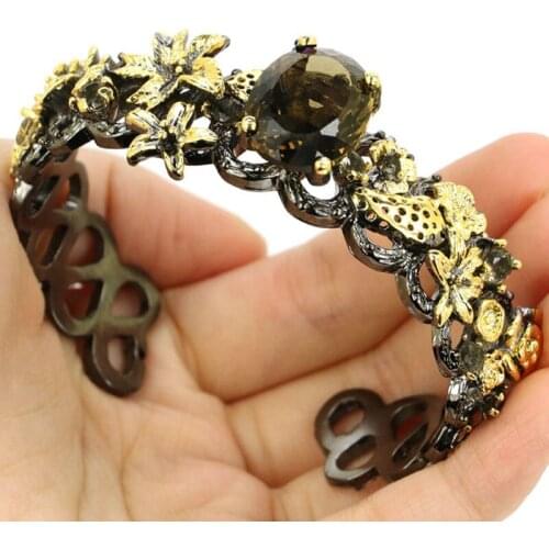 73x23mm Unique Vintage Big Heavy 53g Created Pink Tourmaline Smokey Quartz Black Gold Cuff Bangle Silver Bracelet 7.5inch