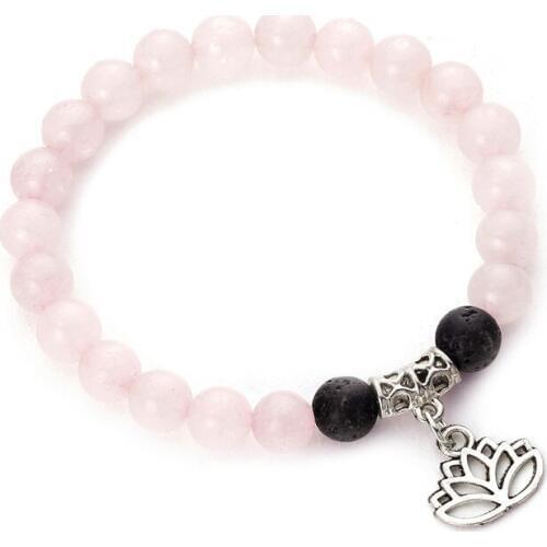 8mm Pink Stone Beads Women Bracelet Lotus Charm Bracelet Oil Diffuser Jewelry MBR180054
