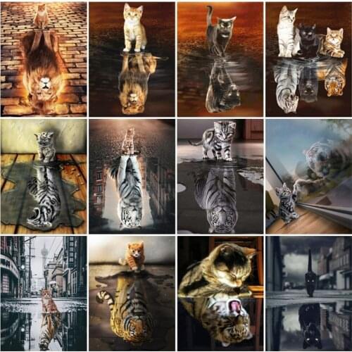 DIY Diamond Embroidery Cat Full Round Diamond Painting Animal Reflection Picture Rhinestone Mosaic Sale Home Decor