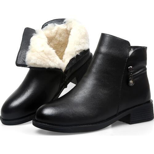 Large Size Cowhide Wool Boots Ankle Boots Winter Shoes Woman Leather Shoes Low- Heel Non-slip Women Snow Boots Women Boots