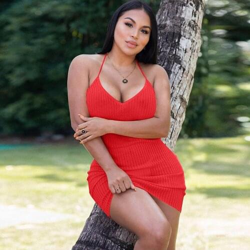 Black/pink/red Halter Neck Backless Ribbed Dress Women Elegant Off Shoulder Cleavage Sheath Dress Sexy Body-shaping Robe Femme