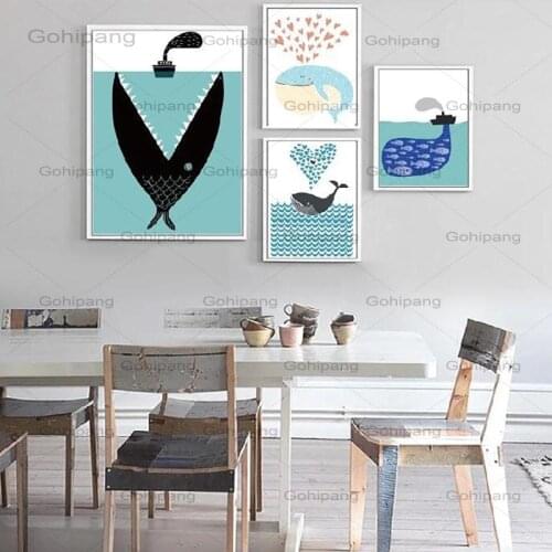 Home Decor Nordic Canvas Painting Print Poster Cartoon Cute Whale Dolphin Shark Kid Children Bedroom Wall Picture Minimalism Art