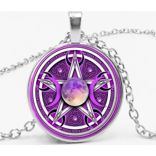 Statement/Penta Star Necklace Glamour Purple Triple Moon Goddess Pendant Wicca Men and Women Clothing Accessories Sweater Chain