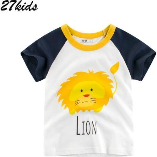 27kids Animal Lion Print Boys T Shirt for School Kids Tops Tees Shirts Summer New Children Short Sleeve Clothing 100% Cotton