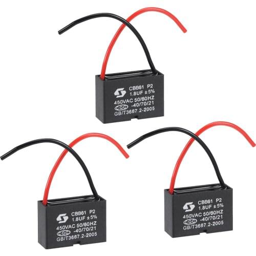 Uxcell Ceiling Fan Capacitor CBB61 1.8uF 450V AC 2 Wires Metallized Polypropylene Film Capacitor 38x25x15mm 3Pcs