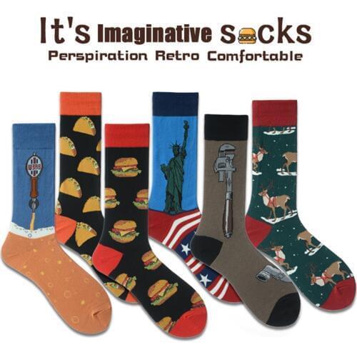 Cute Colorful Hamburger Fries Cartoon Pattern Print Sport Socks Casual Anti-slip Breathable Cotton Cycling Socks Christmas Gifts