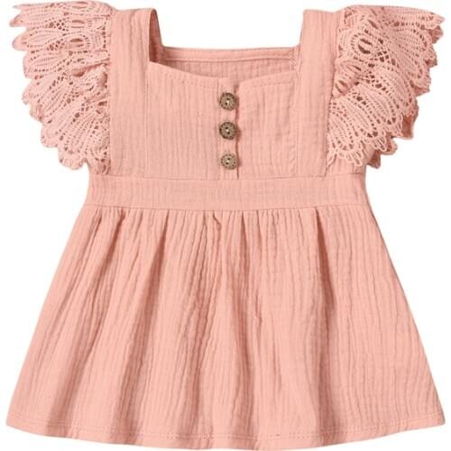 New Arrival Baby Girls Casual Lace Dress Solid Color Short Fly Sleeves Square Neck One-piece Sundress Infant Girls Dresses