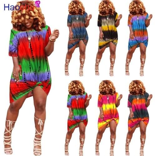 HAOOHU Sexy Plus Size Tie Dye Dress Off Shoulder Womens Clothing Summer Robe Pocket Loose Dress Party Club Mini Dresses