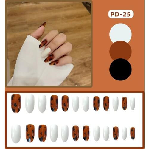 24pcs Leopard Printed Nail Patch Glue Type with White Round Head Nails Fashion Manicure False Nails Gifts for Girls TN