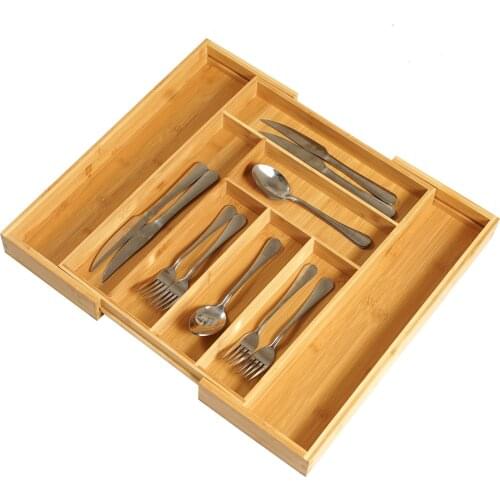 Expandable Bamboo Cutlery Tray With 8 Grids Kitchen Flatware Drawer Organizer Forks Spoons Divider Box Holder