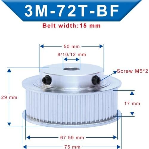 Timing Pulley 3M72T Inner Bore 8/10/12 mm Aluminum Belt Pulley Slot Width 17mm Match with 3M-round polyurethane belt Width 15mm
