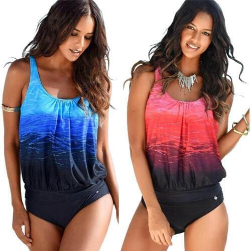 Tankini Women Swimsuit 2020 New Blue Gradient Two Pieces Swimsuit Sports Bikini Plus size Swimwear Padded Bathing suit 3XL