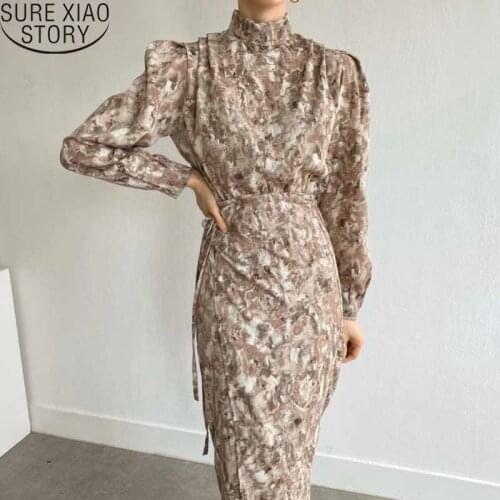 Spring Dresses for Women Autumn Smudged Ink Flower Vintage Fashion Long Dress One-piece Winter Ruched Print Stand Collar Robe