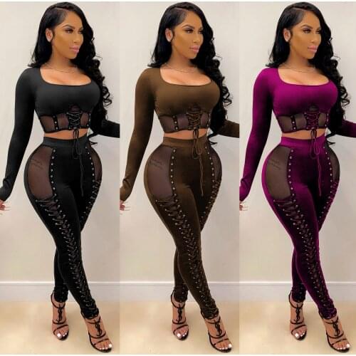 Women Clothing Lace Up Bandage Two Piece Set Sexy Party Club Birthday Outfits for Women Crop Top Tight Pants Bodycon 2 Piece Set