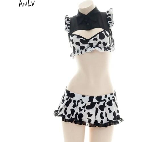 AniLV Cow Girl Maid Beach Bikini Swimsuit Costumes Japanese Anime Lolita Maid Swimwear Uniform Set Pool Party Cosplay