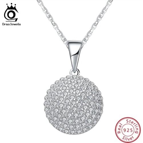 ORSA JEWELS Real 925 Sterling Silver Pendant Necklaces For Women With AAA Shiny Cubic Zircon Round Pendant Silver Jewelry OSN60