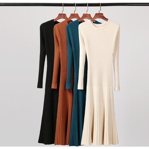 Womens Knit Dress Korean Autumn Winter Elegant O-neck Long Sleeve Female Knee high Slim Long Sweater Basic Midi Dress Vestidos