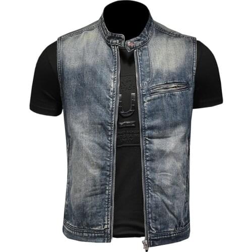 Autumn new personality stand collar denim vest Men Zipper retro trend Jeans waistcoat Streetwear Sleeveless Jacket cotton