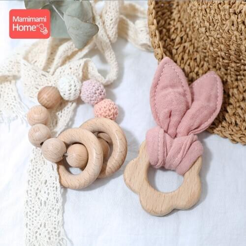 1Set Baby Wooden Teether Nursing Bracelets Beech Rodent Animal Pendant Cotton Bunny Ear Theething Rattle Toys Newborn Nurse Gift